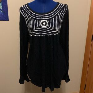 Free People Black Crochet Detail Long Sleeve‎ Tunic Top Bohemian Style